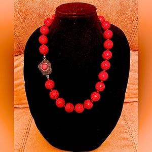 Natural Red Howlite Large Round Beads with Coral&Paved Hematites Charm Necklace